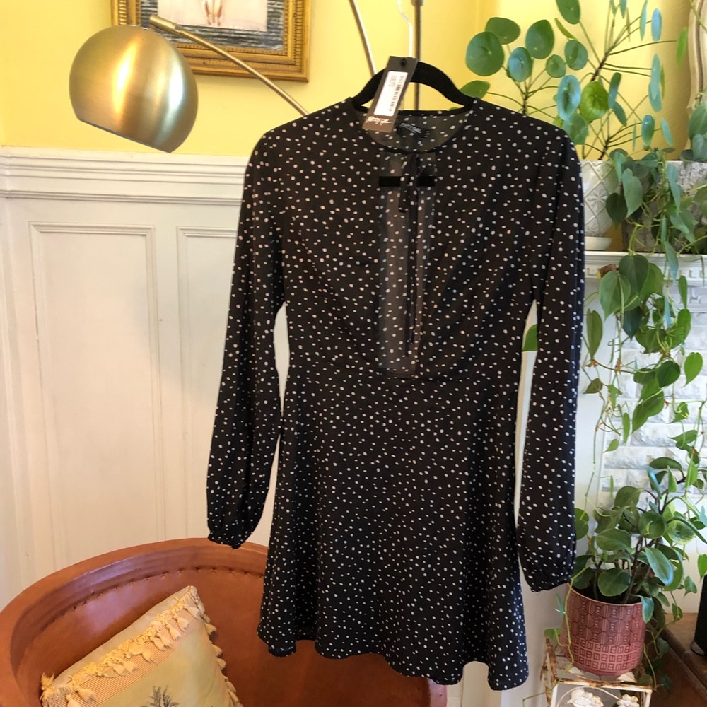 Nasty Gal Polka Dot Plunge Tea Dress Black White Size 4 *sold out* NWT